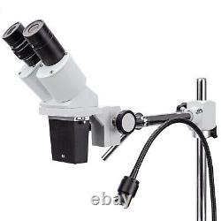 AmScope 10X-20X Binocular Stereo Microscope Boom Arm w LED Gooseneck+3MP Camera