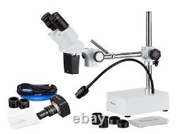 AmScope 10X-20X Binocular Stereo Microscope Boom Arm w LED Gooseneck+5MP Camera