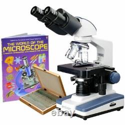 AmScope 2500X LED Binocular Compound Microscope 3D-Stage+Book+100 Prepared Slide