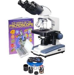 Amscope 40-2000 Binocular LED Compound Microscope+. 3MP Camera+Book+Sample Slides