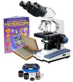 Amscope 40-2000X Binocular LED Compound Microscope+3MP Camera+Book+Sample Slides