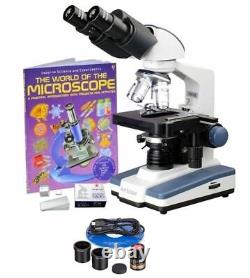 Amscope 40-2000X Binocular LED Compound Microscope Kit +. 3MP Camera+ Slides+Book