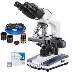Amscope 40X-2500X Binocular LED Compound Microscope + 3MP Camera + Slides + Book